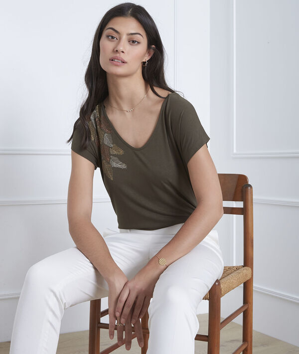 Khakifarbenes T-Shirt mit Feder-Stickerei Pandore | 1-2-3 Khakifarbenes T-Shirt mit Feder-Stickerei Pandore PhotoZ | 1-2-3