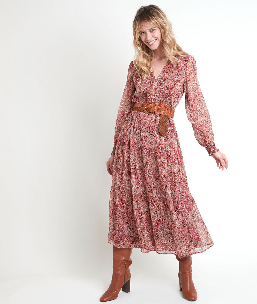 Beigefarbenes, langes kleid mit printmuster nada beige.