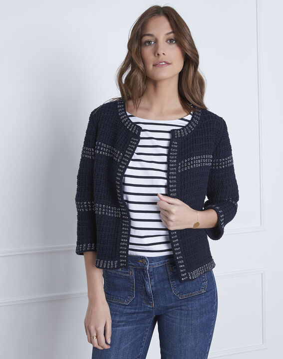 Veste marine courte maille reliefée Alice | 1-2-3 Veste marine courte maille reliefée Alice PhotoZ | 1-2-3
