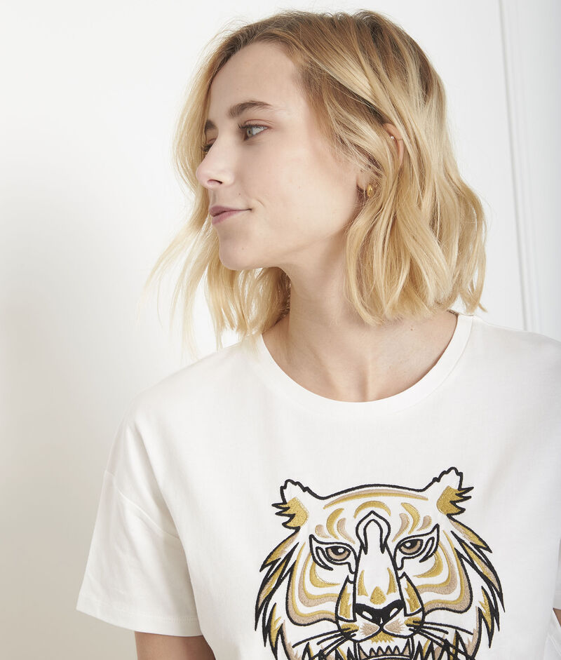 Ecrufarbenes t-shirt mit stickerei tiger primitif ecru.