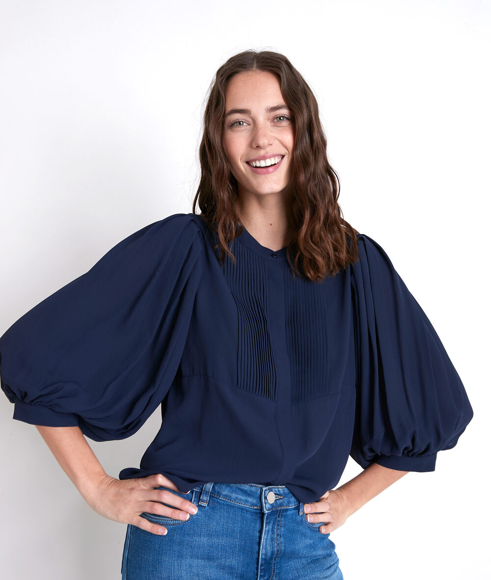 Blouse en polyester recyclé marine plissée tarika marine.