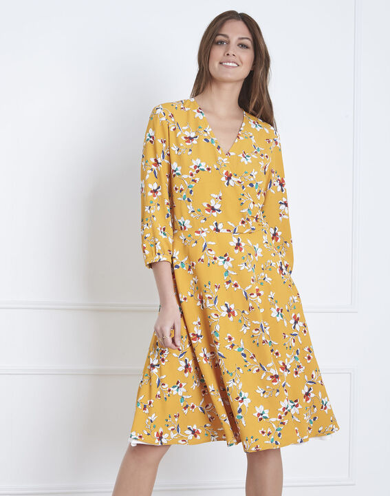Robe jaune imprimé fleuri portefeuille Laurene | 1-2-3 Robe jaune imprimé fleuri portefeuille Laurene PhotoZ | 1-2-3