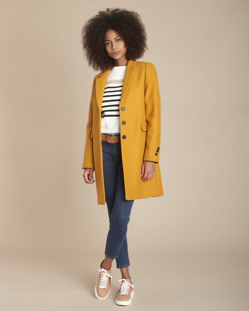 Manteau jaune en laine m&eacute;lang&eacute;e droit plume ocre.