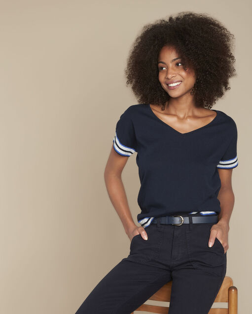 Marineblauwe trui met lurexstrepen faly marine.