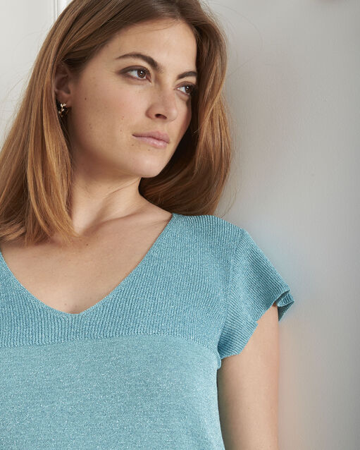 Pull bleu ajouré et lurex ariel celadon.
