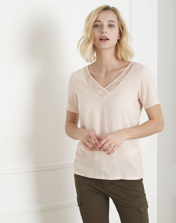 Blouse rose bimatière dentelle Vaine | 1-2-3 Blouse rose bimatière dentelle Vaine PhotoZ | 1-2-3