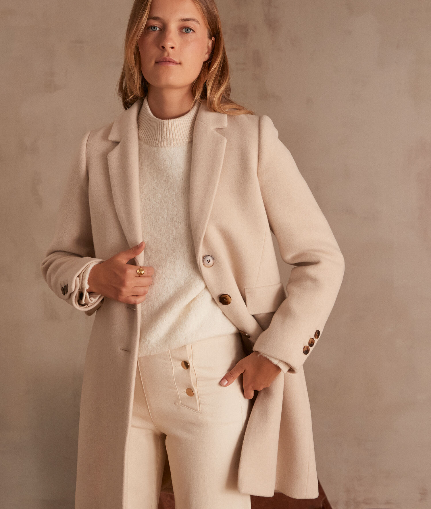 Manteau droit en laine recyclée beige plume