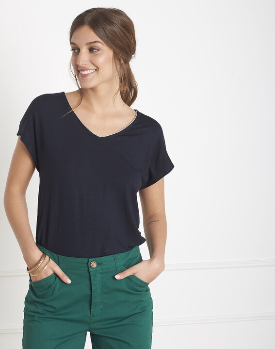 Marinefarbenes T-Shirt mit Lurex-Ausschnitt Petronille | 1-2-3 Marinefarbenes T-Shirt mit Lurex-Ausschnitt Petronille PhotoZ | 1-2-3