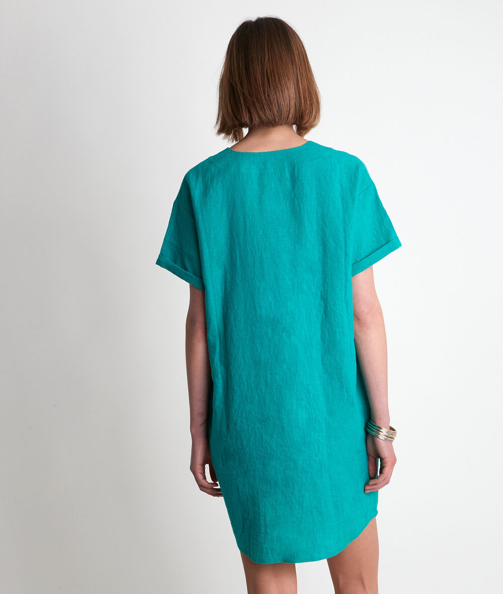 Robe en lin certifié verte lauria turquoise.