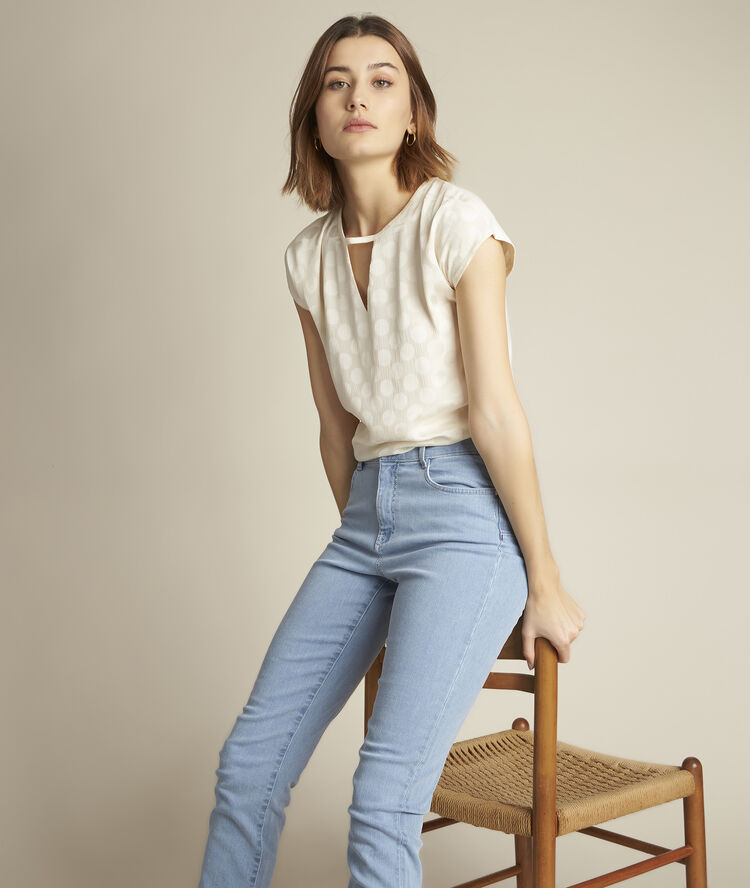 T-shirt aus bimaterial mit p&uuml;nktchen rebecca ecru.