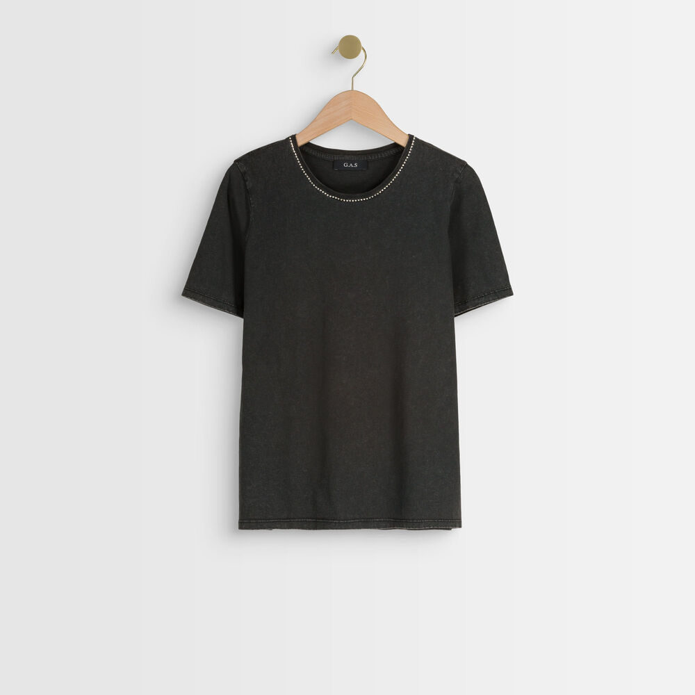 Tee-shirt en coton biologique anthracite à strass inox anthracite.