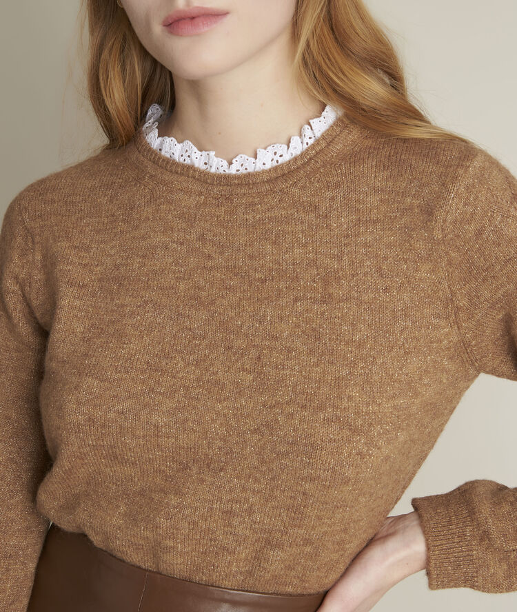 Pull lurex col fantaisie froufrou goyave.