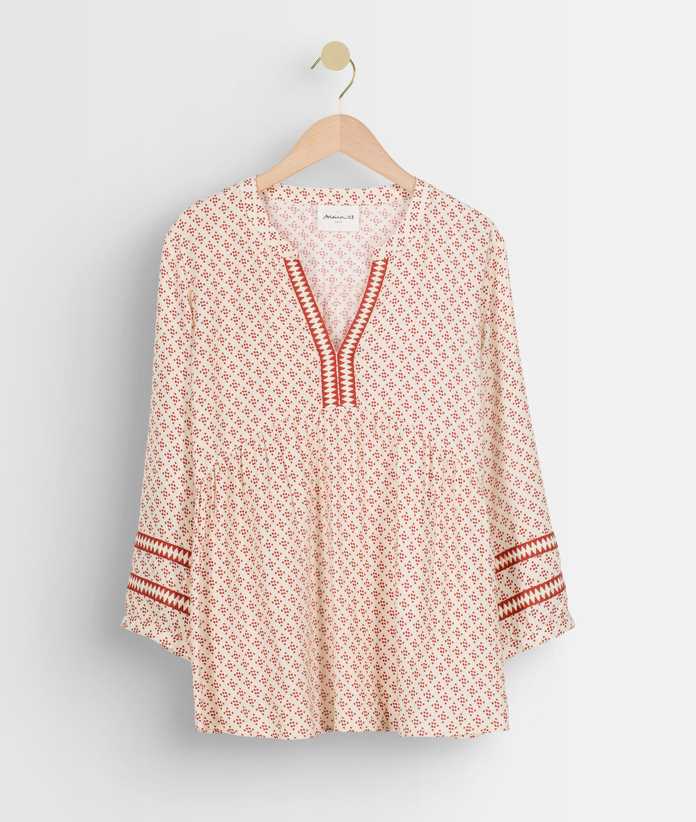 Blouse fluide imprimée écrue et bordeaux amandine pêche.