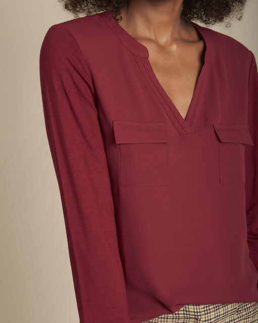 Blouse uit twee materialen met tunesische kraag genna bordeaux.