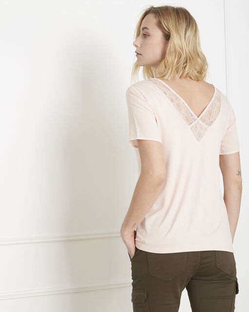 Blouse rose bimatière dentelle vaine fuchsia clair.