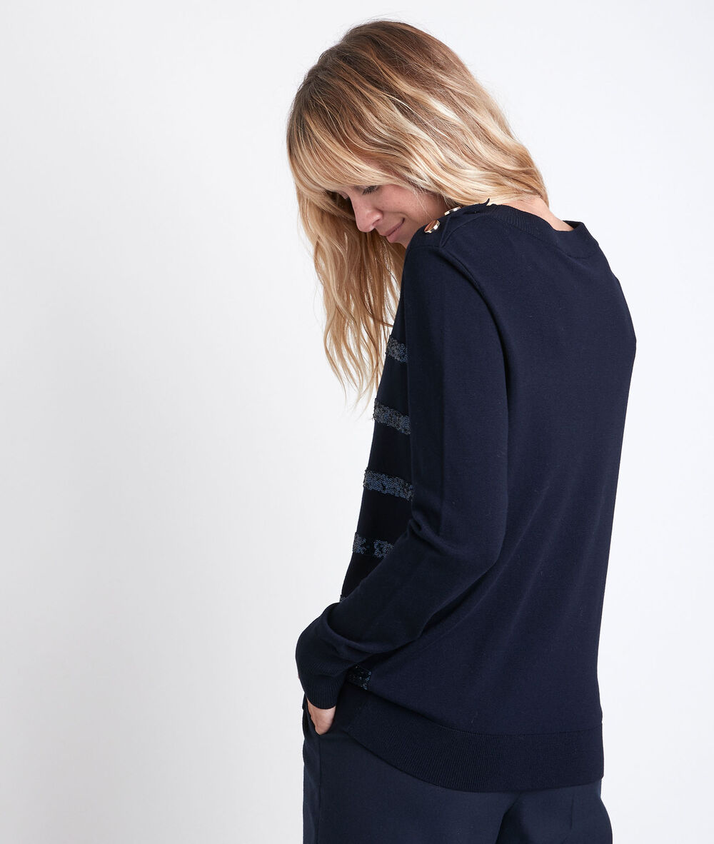 Pull rayé à sequins reglisse marine.