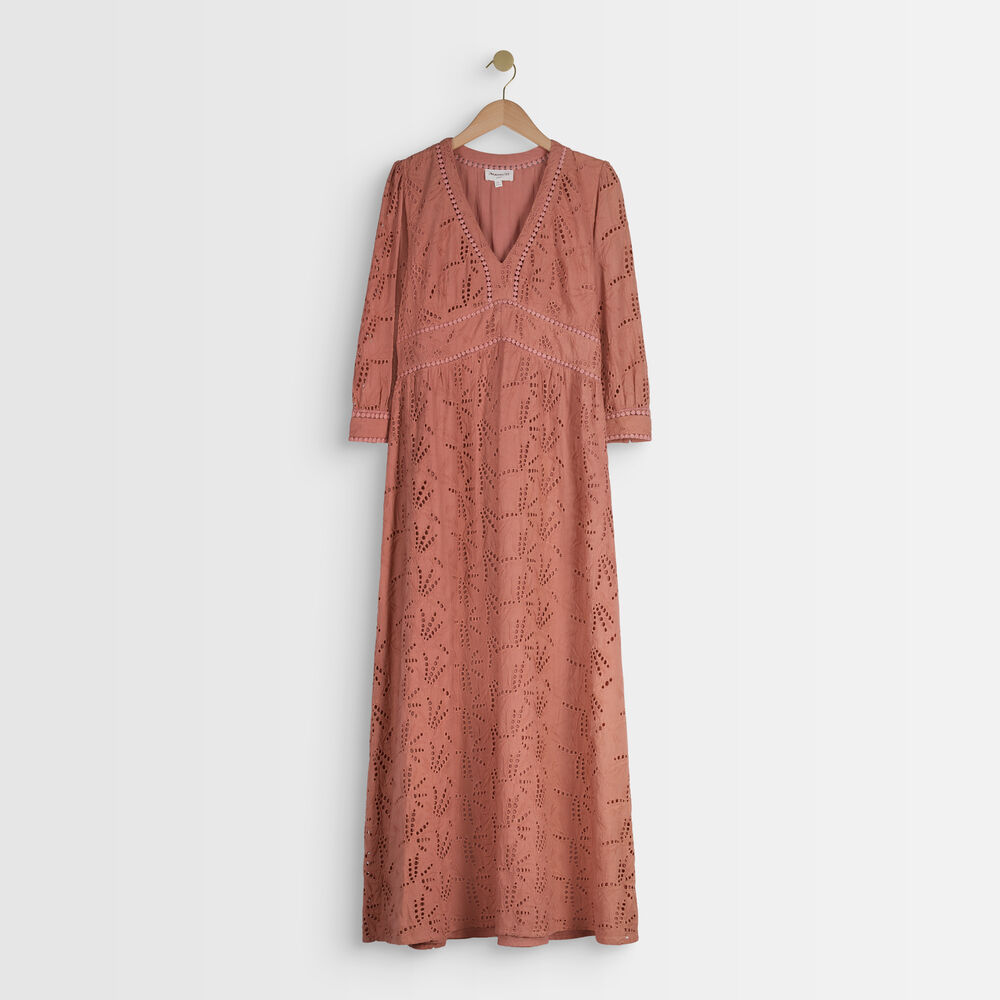 Robe longue en coton biologique brodée catalia bois de rose.