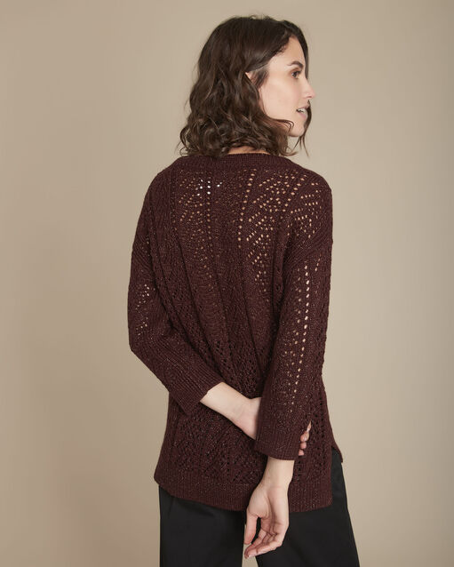 Pull en maille ajourée ébène flash marron fonce.