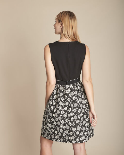 Robe corolle bimatière imprimé fleuri robyn noir/blanc.