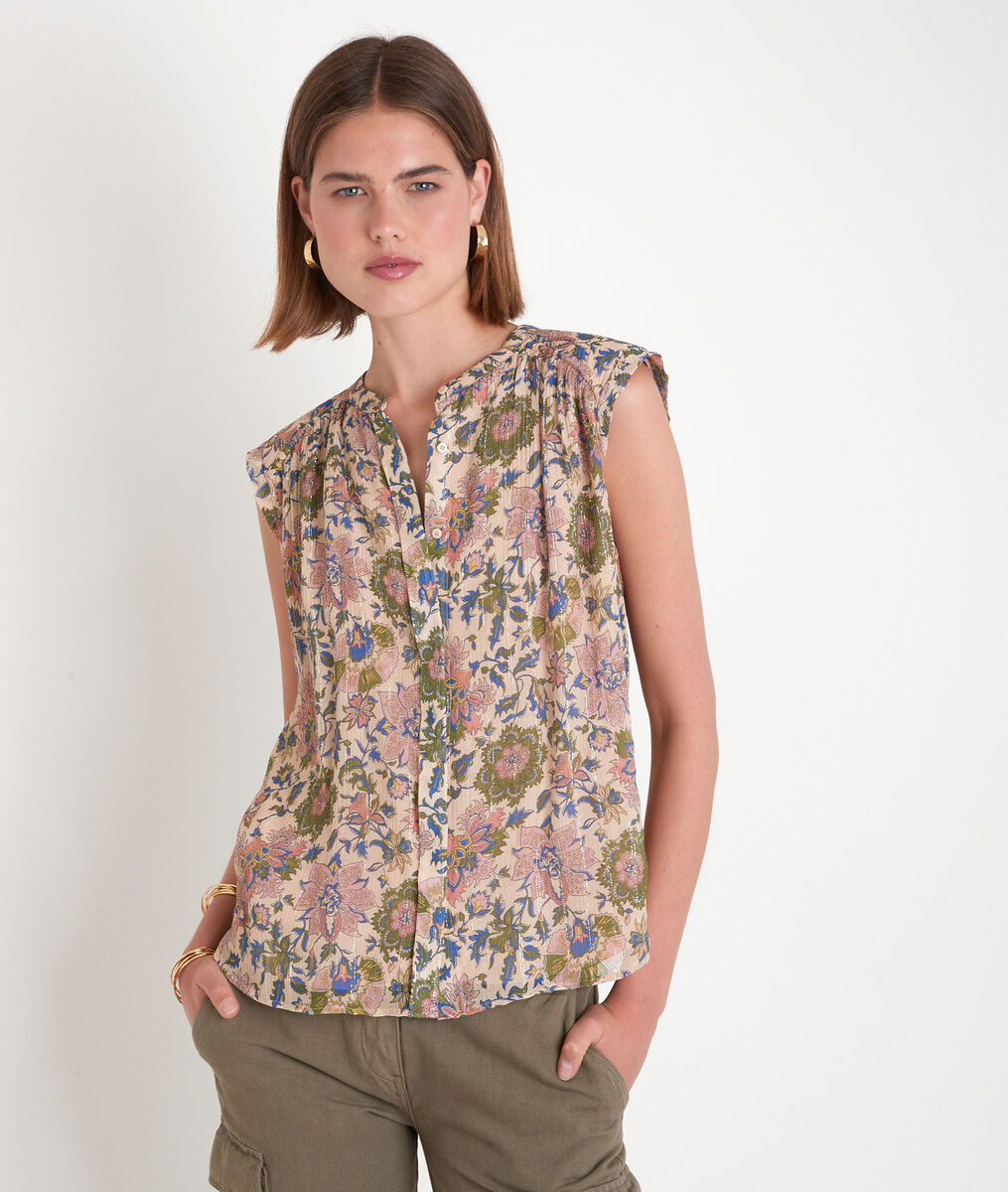 Blouse sans manches à épaulettes imprimée olive Tracy | 1-2-3 Blouse sans manches à épaulettes imprimée olive Tracy PhotoZ | 1-2-3