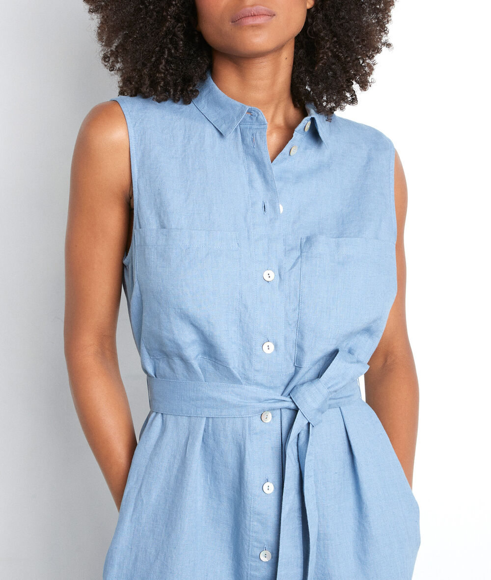Robe chemise sans manches en lin certifié bleu ciel cyrielle bougainvilliers.