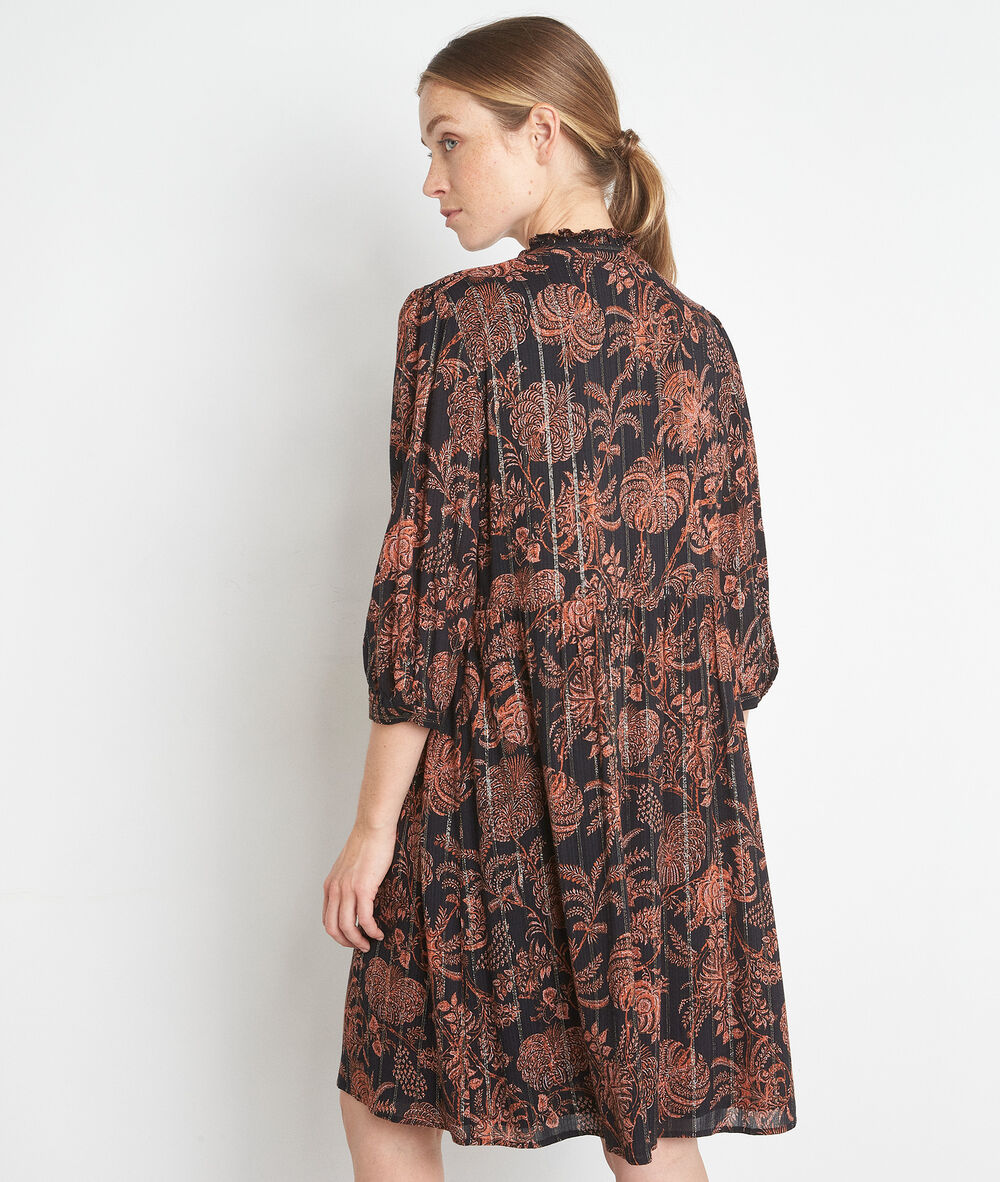 Robe courte imprimée noir et orange lais noir.