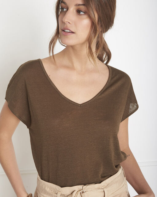 Tee-shirt kaki col V en lin Perfect (1) - Maison 123