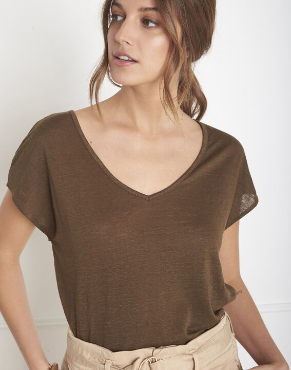 Tee-shirt kaki col V en lin Perfect | 1-2-3 Tee-shirt kaki col V en lin Perfect PhotoZ | 1-2-3