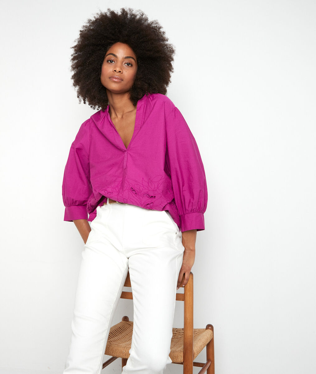 Blouse brodée à manches ballons fuchsia Aaron | 1-2-3 Blouse brodée à manches ballons fuchsia Aaron PhotoZ | 1-2-3
