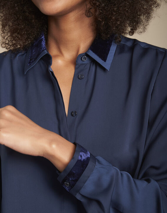 Chemise marine satinée col velours Maya | 1-2-3 Chemise marine satinée col velours Maya PhotoZ | 1-2-3