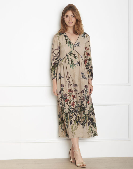Robe camel longue imprimé japonisant Love | 1-2-3 Robe camel longue imprimé japonisant Love PhotoZ | 1-2-3