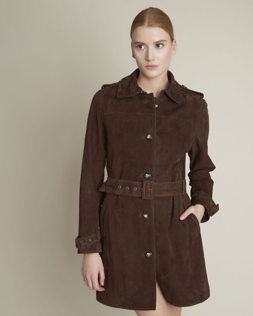 Brauner trenchcoat aus veloursleder qleo dunkelbraun.