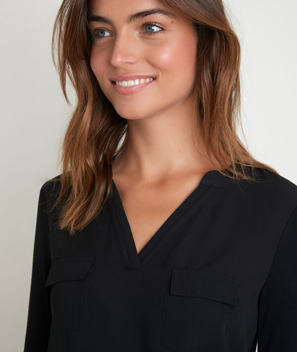 Blouse noire bi-matière à poches Genna | 1-2-3 Blouse noire bi-matière à poches Genna PhotoZ | 1-2-3