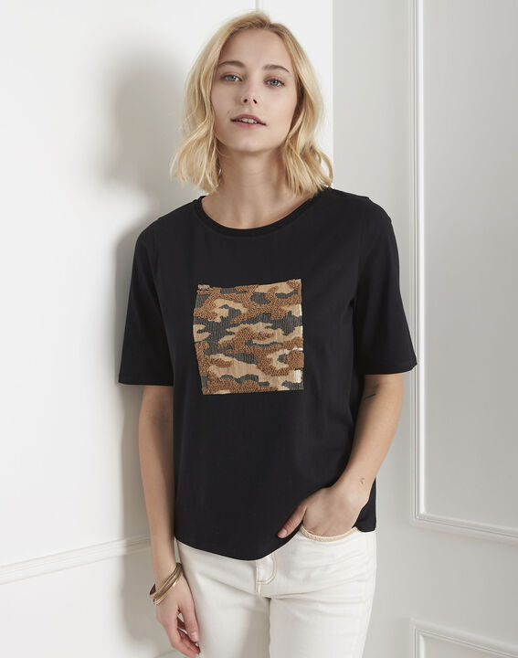 Tee-shirt noir imprimé sequins Paillote | 1-2-3 Tee-shirt noir imprimé sequins Paillote PhotoZ | 1-2-3