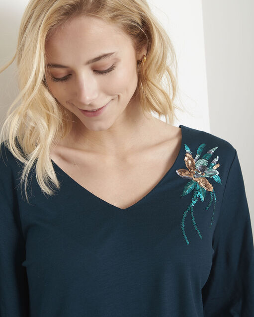 Tee-shirt vert fleur brodée pearl foret.