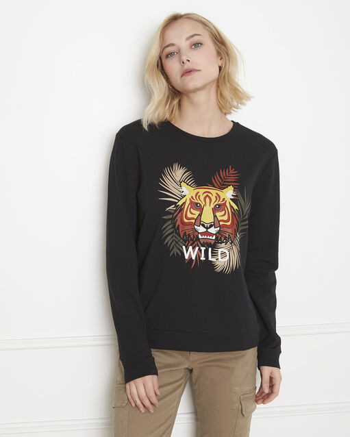 Sweat noir imprimé tigre planete noir.