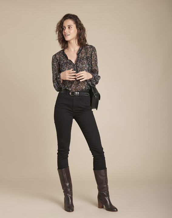 Blouse noire imprimé fleuri biais velours Marcelline | 1-2-3 Blouse noire imprimé fleuri biais velours Marcelline PhotoZ | 1-2-3