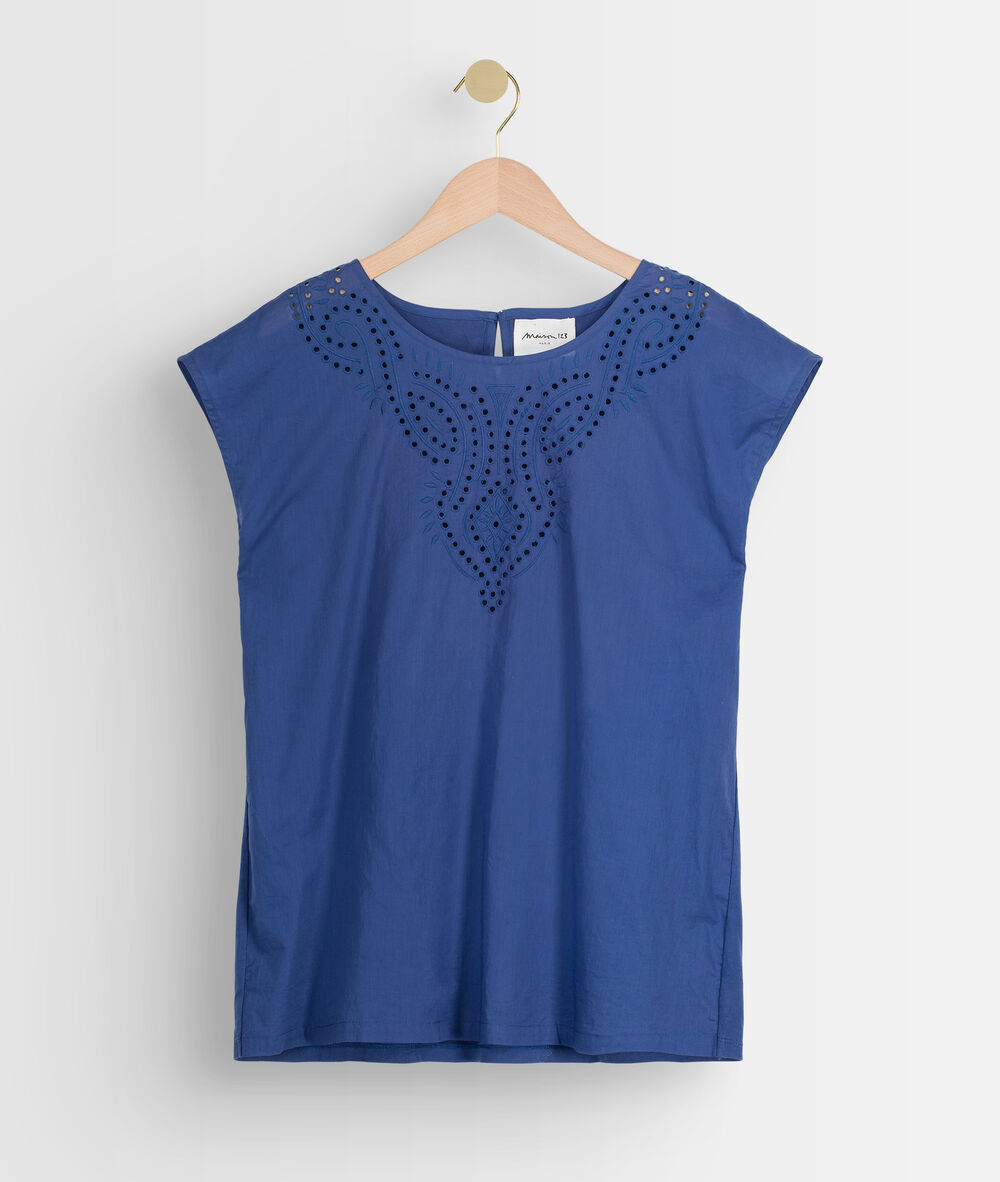 T-shirt bimatière en coton brodé bleu camille denim brut.