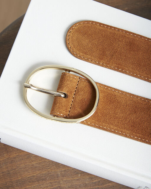 Ceinture en cuir acajour &agrave; boucle fantaisie agate caramel.