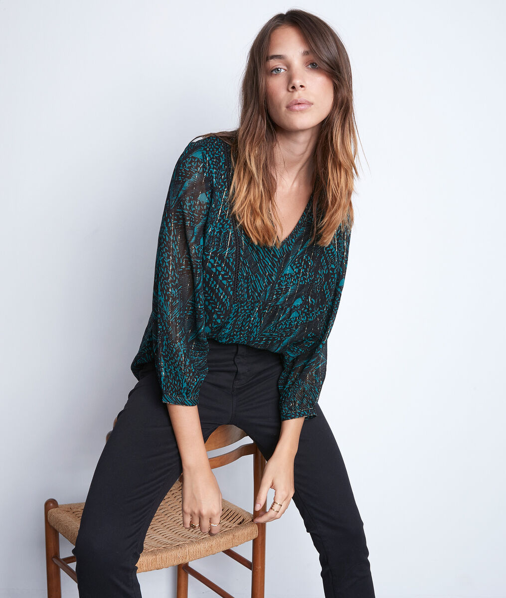 Blouse fluide imprimée noire et vert Abigaelle | 1-2-3 Blouse fluide imprimée noire et vert Abigaelle PhotoZ | 1-2-3