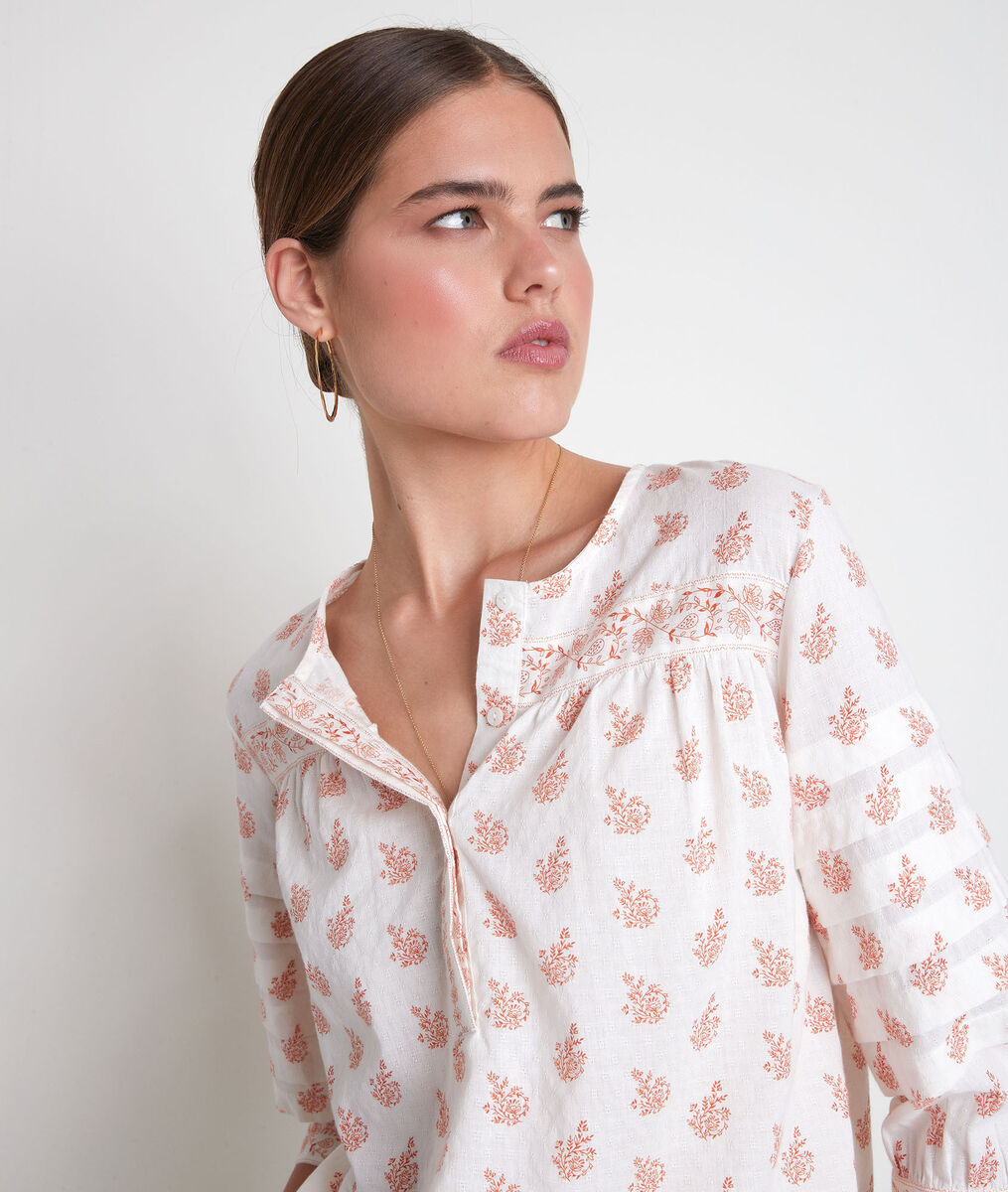 Blouse en coton imprimé écru et orange Aria | 1-2-3 Blouse en coton imprimé écru et orange Aria PhotoZ | 1-2-3