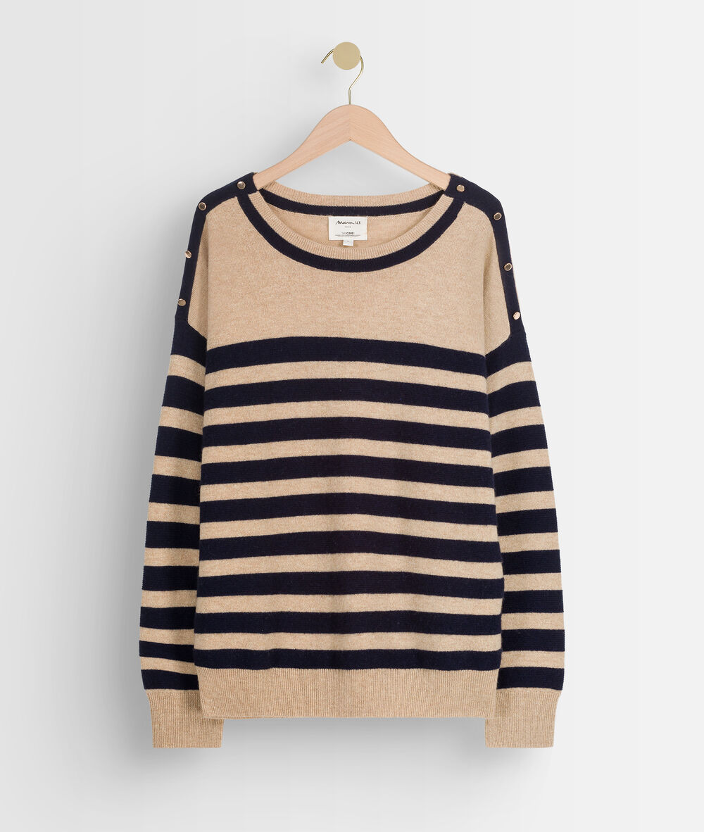 Pull en laine et cachemire rayé beige et bleu tiffany camel clair.