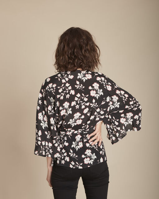 Blouse kimono imprimé fleuri milan noir.