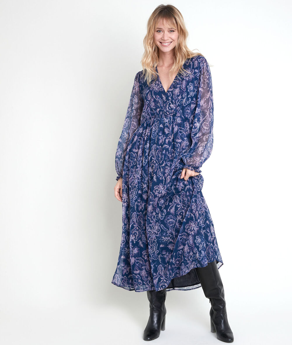 Robe longue bleue imprim&eacute;e louise bleu.