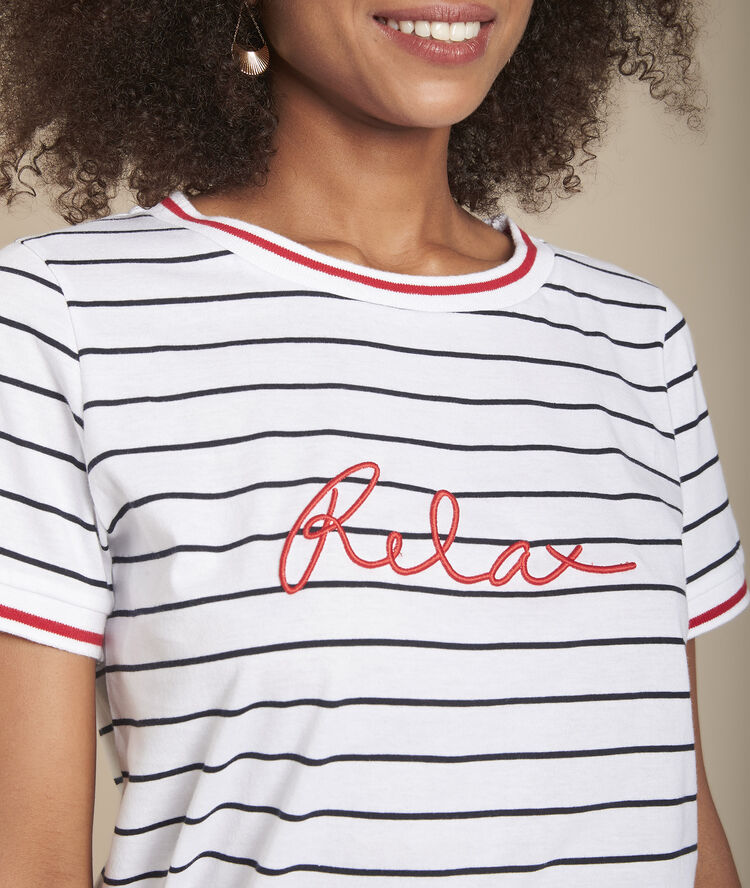 Tee-shirt rayé à message cabourg blanc.