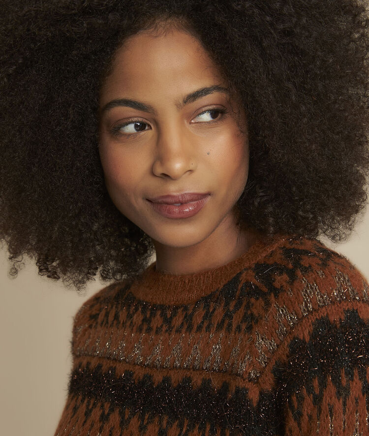 Pull acajou jacquard fantaisie fera caramel.