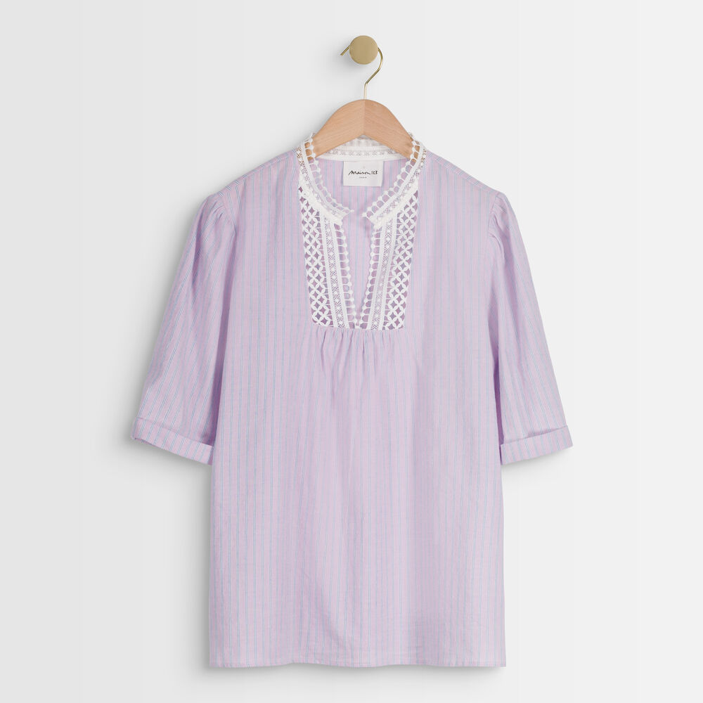 Blouse rayée brodée tendra mauve.