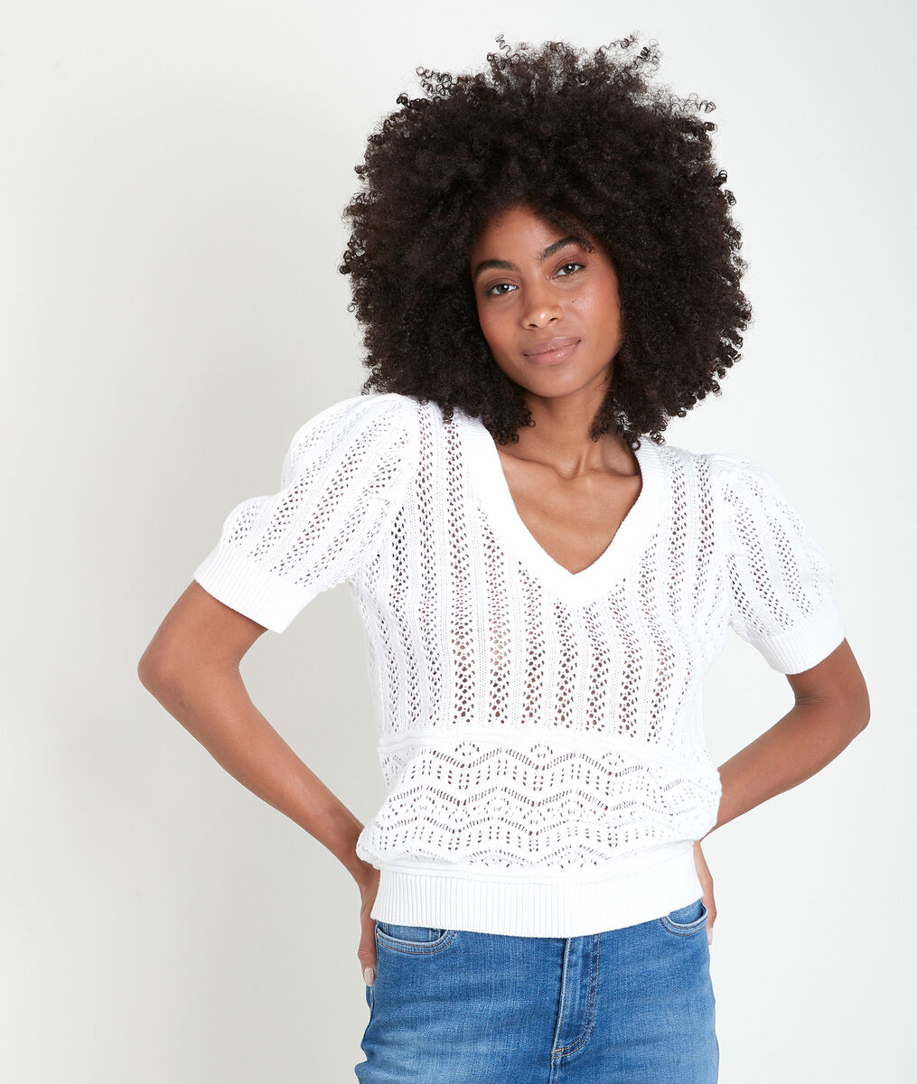 Pull en coton biologique ajouré blanc Alto Bis | 1-2-3 Pull en coton biologique ajouré blanc Alto Bis PhotoZ | 1-2-3