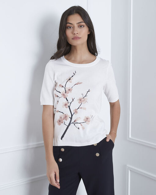 Pull écru imprimé fleuri aubepine ecru.