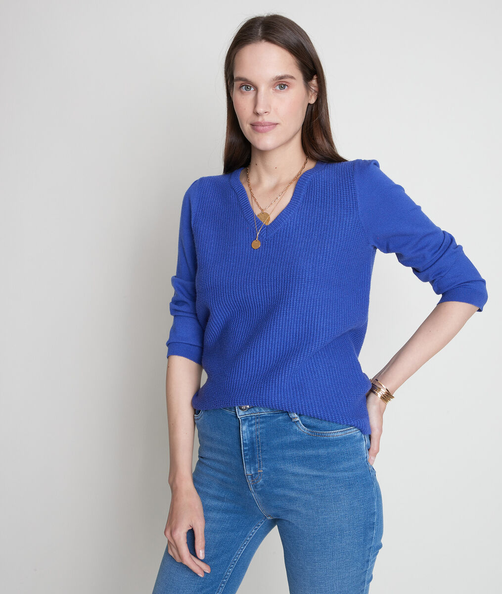 Pull en double maille à col V bleu Théa | 1-2-3 Pull en double maille à col V bleu Théa PhotoZ | 1-2-3